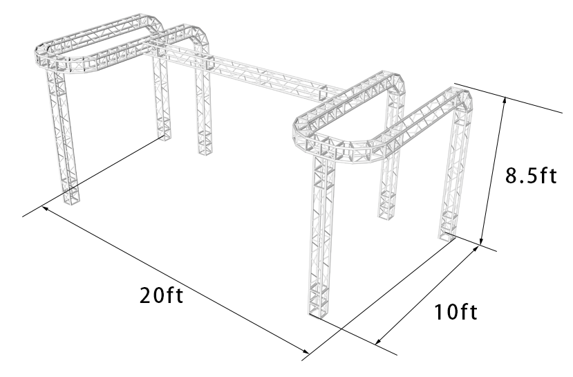 A 3D rendering of an aluminum box truss structure designed for use as a trade show booth or DJ stage, showing dimensions.