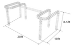A 3D rendering of an aluminum box truss structure designed for use as a trade show booth or DJ stage, showing dimensions.