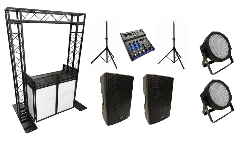 (RENTAL) Complete DJ/Event Package: Dual 15" Bluetooth PA Speakers + Mixer + Stands, Black Arch Truss & DJ Facade Combo, and (2) LED-JAZZ RGB Par Lights