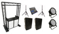 (RENTAL) Complete DJ/Event Package: Dual 15" Bluetooth PA Speakers + Mixer + Stands, Black Arch Truss & DJ Facade Combo, and (2) LED-JAZZ RGB Par Lights