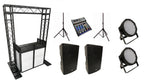 (RENTAL) Complete DJ/Event Package: Dual 15" Bluetooth PA Speakers + Mixer + Stands, Black Arch Truss & DJ Facade Combo, and (2) LED-JAZZ RGB Par Lights
