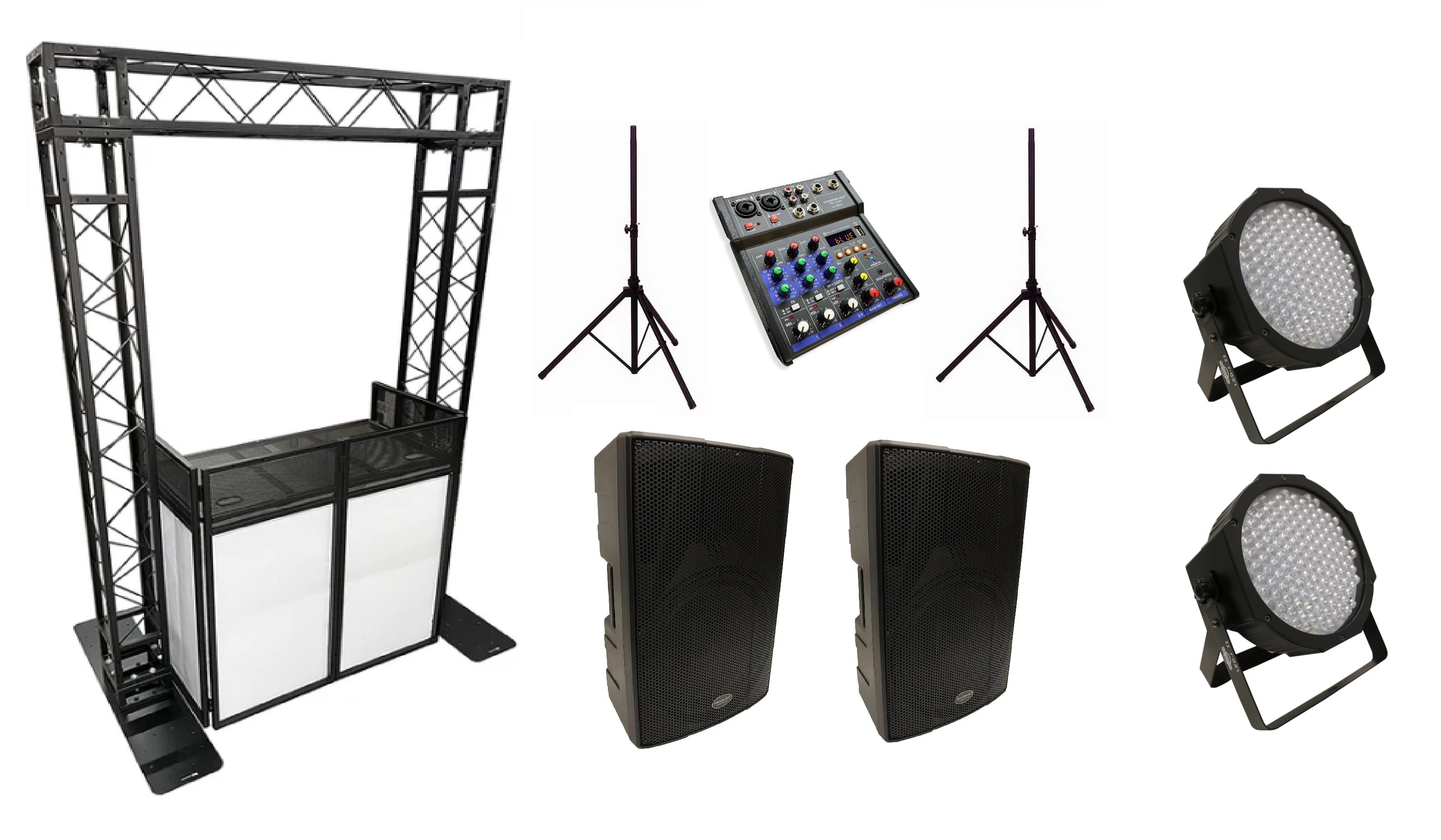 (RENTAL) Complete DJ/Event Package: Dual 15" Bluetooth PA Speakers + Mixer + Stands, Black Arch Truss & DJ Facade Combo, and (2) LED-JAZZ RGB Par Lights