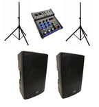 (RENTAL) Complete PA System Package: (2) LK-BX15 15" Powered Bluetooth Loudspeakers + LK-MIX4 4-Channel Mixer + (2) LKS-1 Speaker Stands