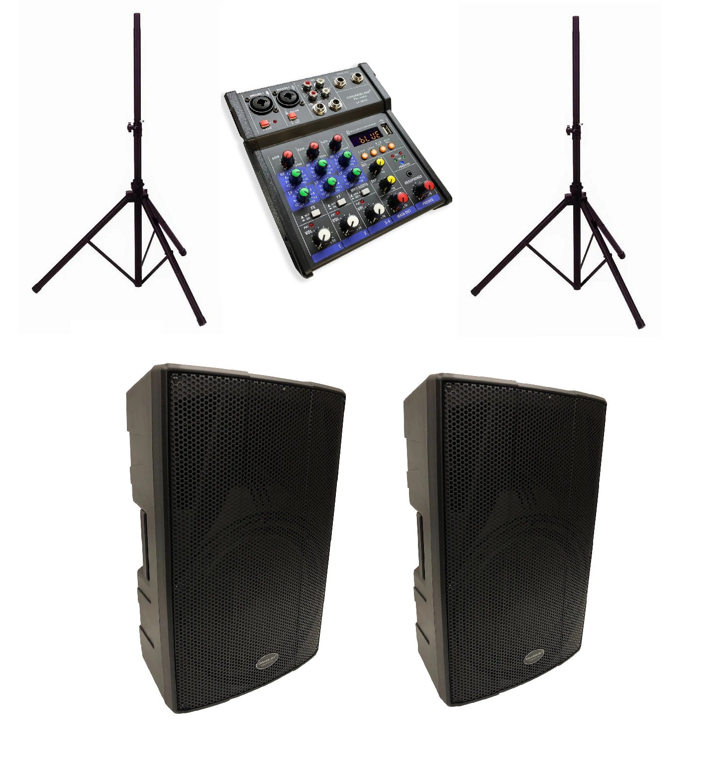 (RENTAL) Complete PA System Package: (2) LK-BX15 15" Powered Bluetooth Loudspeakers + LK-MIX4 4-Channel Mixer + (2) LKS-1 Speaker Stands