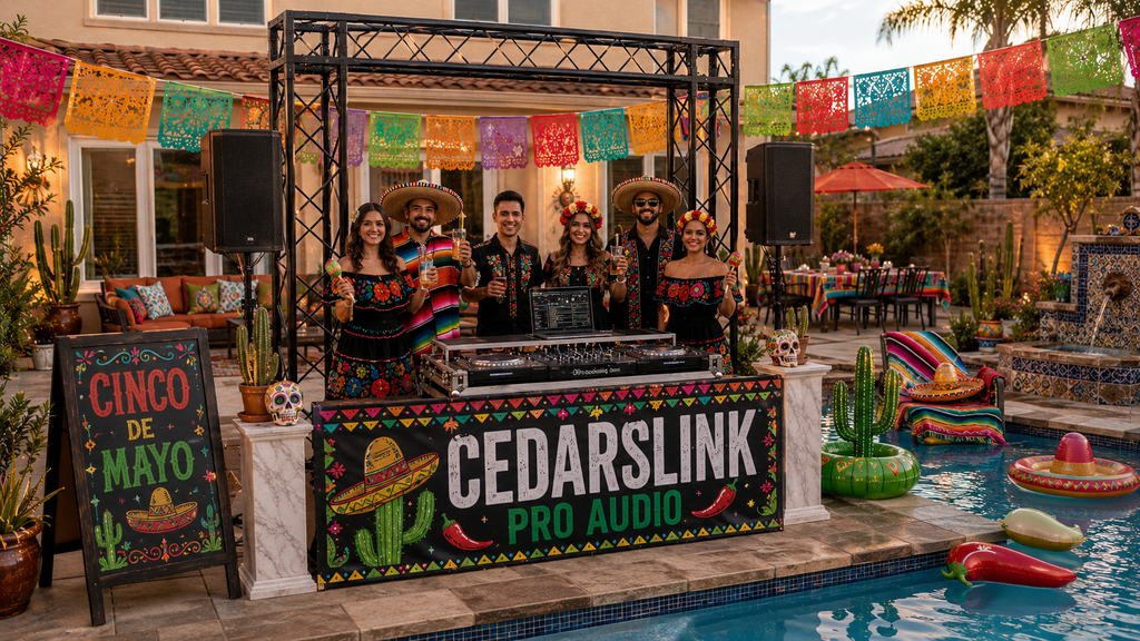 (RENTAL) Complete DJ/Event Package: Dual 15" Bluetooth PA Speakers + Mixer + Stands, Black Arch Truss & DJ Facade Combo, and (2) LED-JAZZ RGB Par Lights
