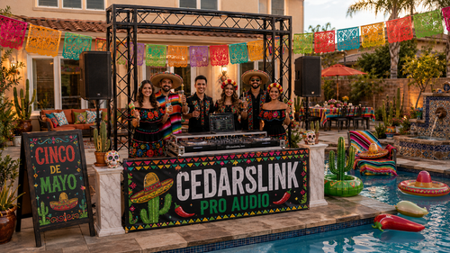 (RENTAL) Complete DJ/Event Package: Dual 15" Bluetooth PA Speakers + Mixer + Stands, Black Arch Truss & DJ Facade Combo, and (2) LED-JAZZ RGB Par Lights