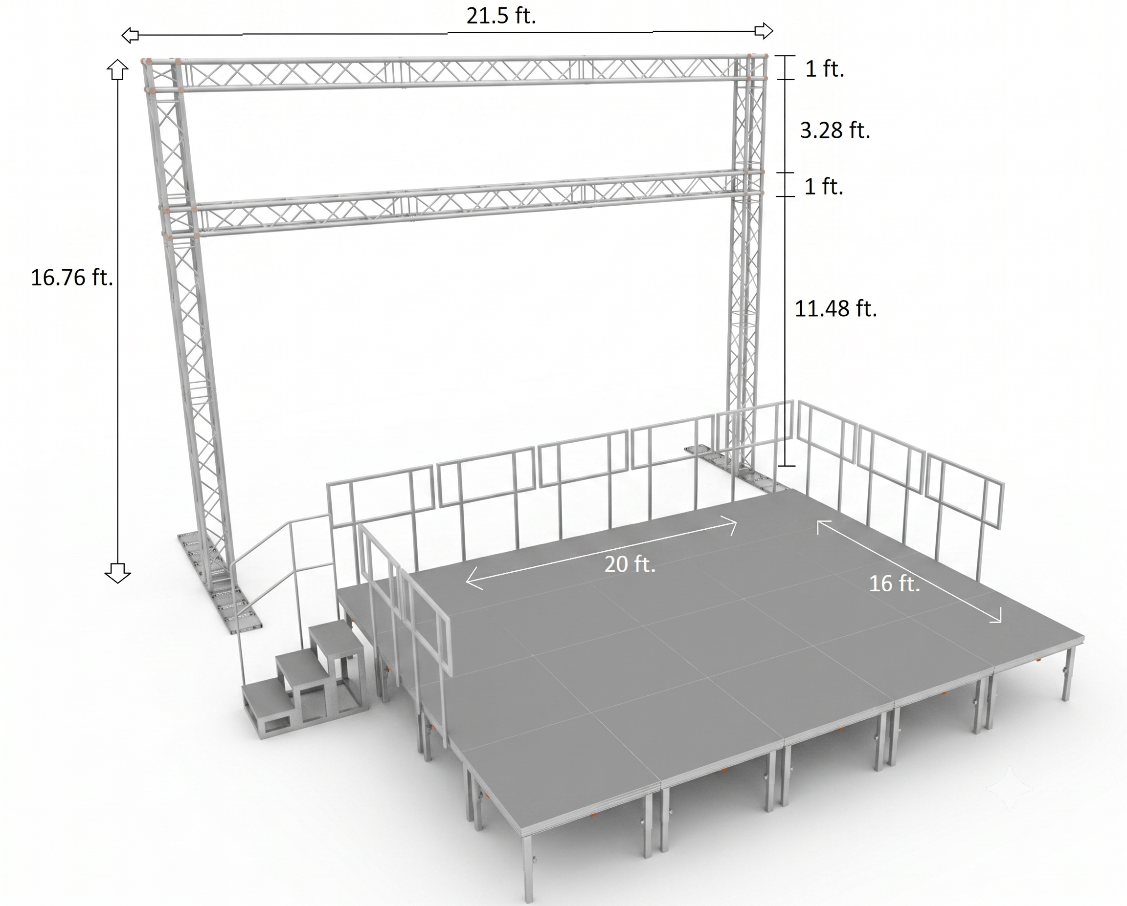 (RENTAL) Portable 16 X 20FT Risers Stage Kit System 23"-38" Height+21.5 ft Aluminum Truss