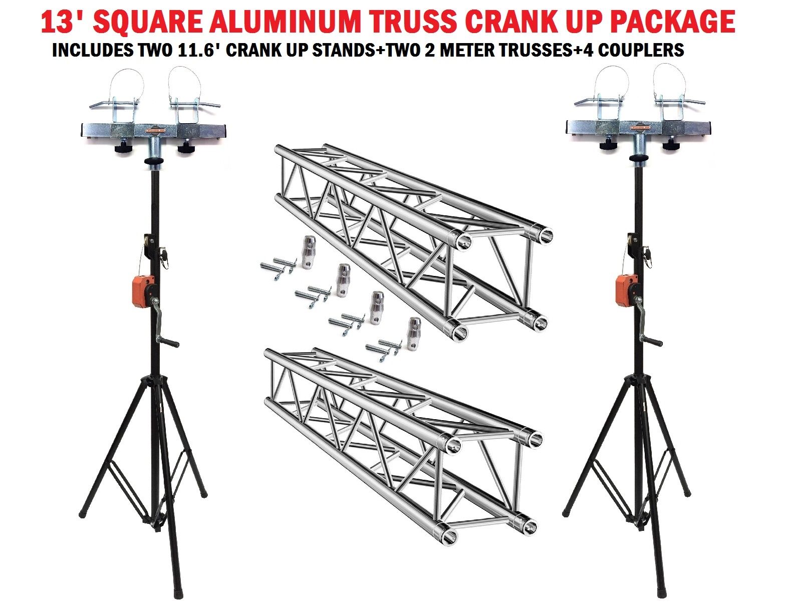 Two 11.6' Crank Up Stands With Two 6.56' Square Aluminum Truss Segments Package