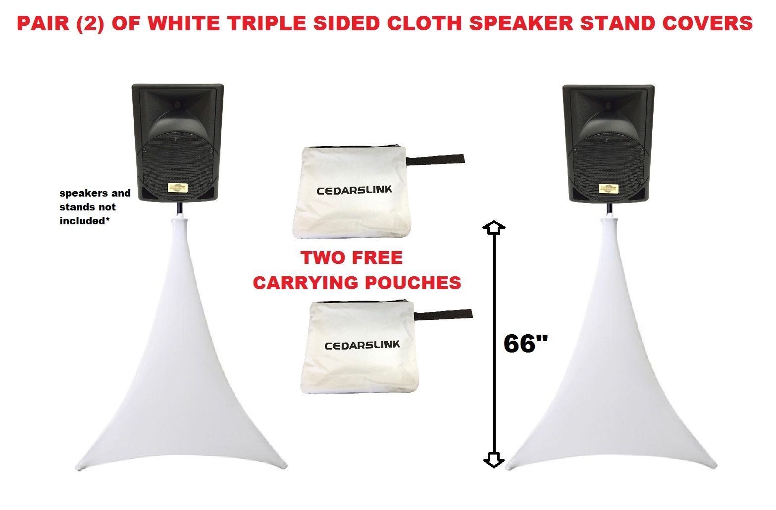 2 White Triple Sided Cloth Tripod Speaker Stand Stretch Covers DJ Scrims + Bags