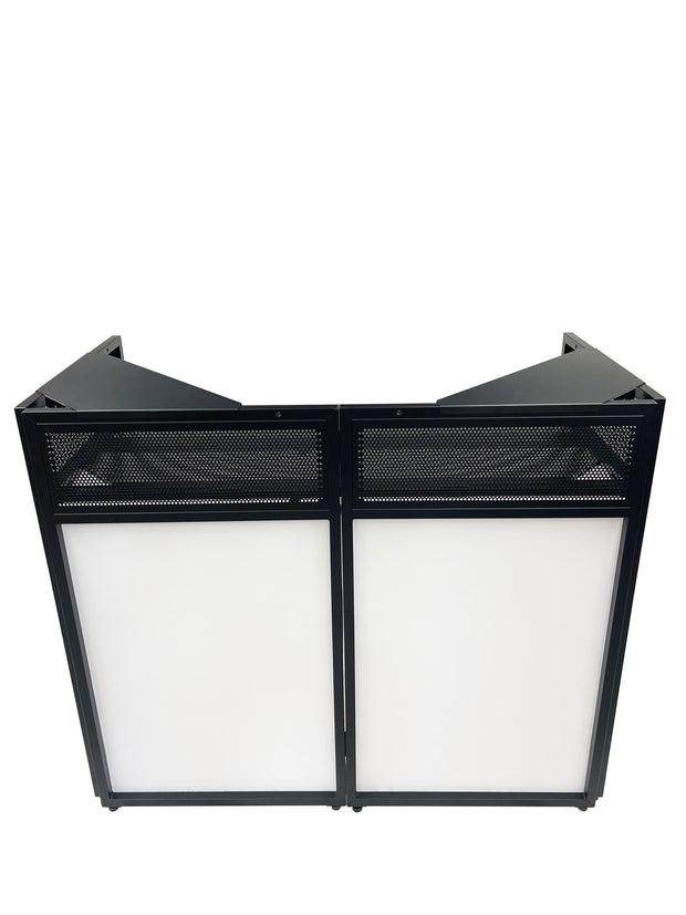 BEAST-A1500 Mega 73" Wide DJ Event Facade White/Black Scrim Booth Two Top Corner Table Tops Largest DJ Facade Booth Available! Lightweight Aluminum