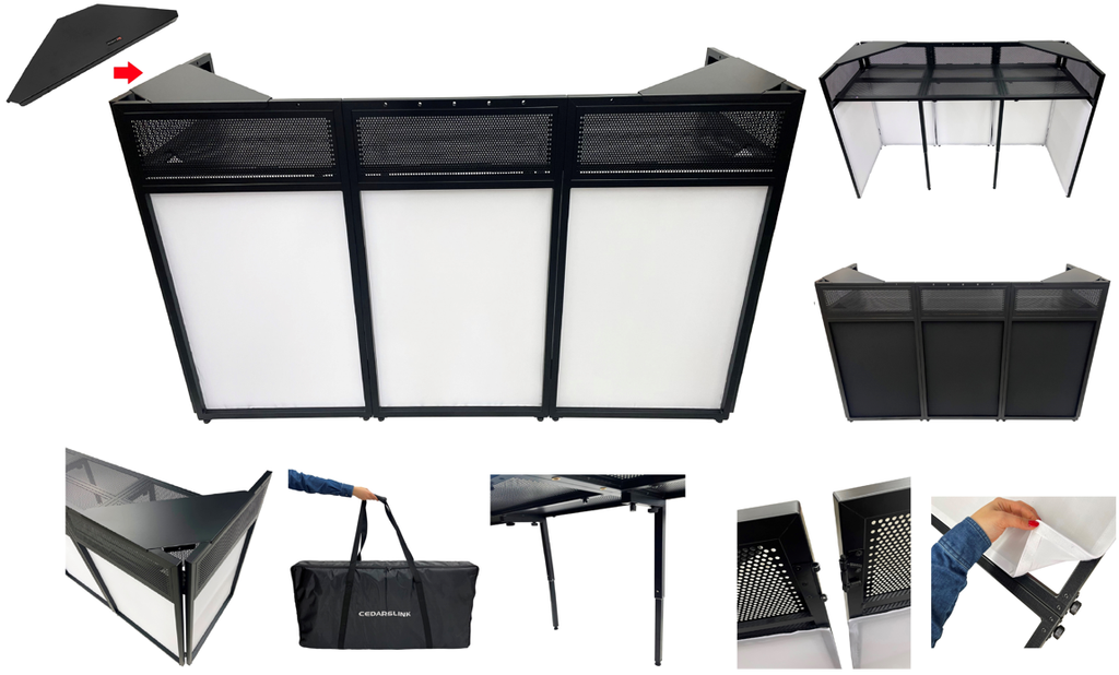 BEAST-A1500 Mega 73" Wide DJ Event Facade White/Black Scrim Booth Two Top Corner Table Tops Largest DJ Facade Booth Available! Lightweight Aluminum