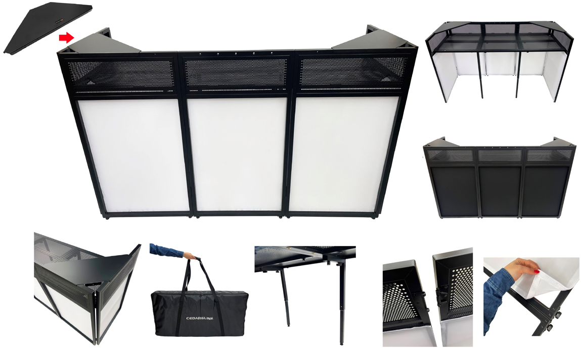 BEAST-A1500 Mega 73" Wide DJ Event Facade White/Black Scrim Booth Two Top Corner Table Tops Largest DJ Facade Booth Available! Lightweight Aluminum